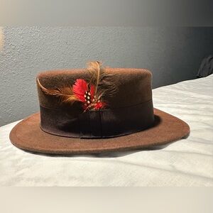 Something special Elegant Brown Hat with Red Feather 100%wool felt